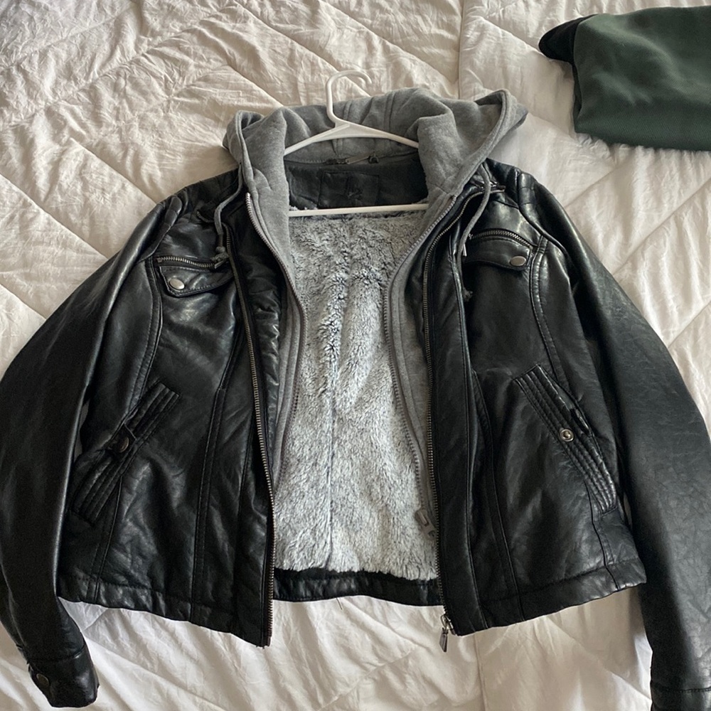 F2 faux fur lined jacket, size small, black and grey color